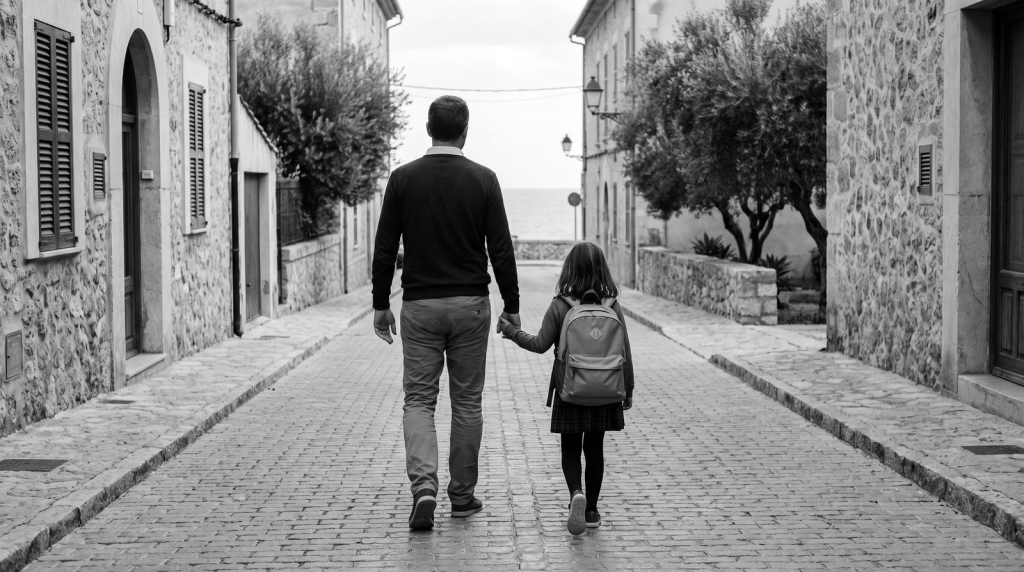 Padre acompañando a su hija al colegio, custodia compartida
