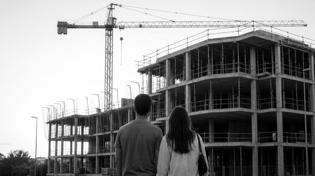 Pareja frente a la promoción de viviendas en construcción