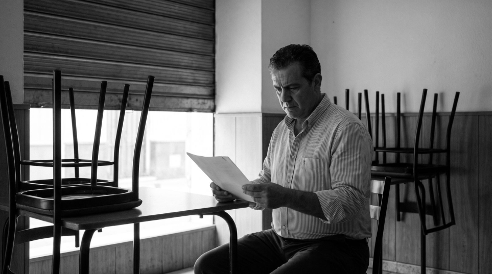 Dueño de un bar leyendo la póliza del seguro con el local cerrado